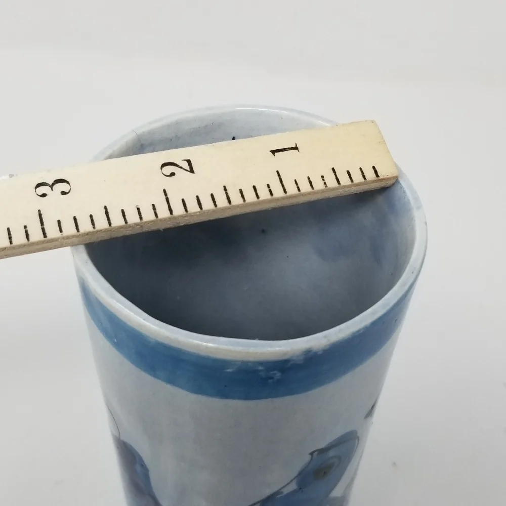 Ken Edwards Tonala Mexican Folk Art Pottery Vase Glazed Tumbler Bird Blue Floral